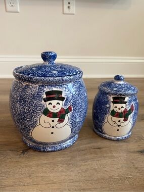 Young's Vintage 1996 Blue Spongeware Snowman Ceramic Canister Set w/ Lids (2)
